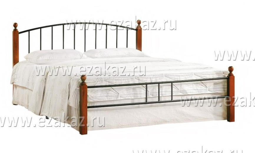 Кровать AT-915 дерево гевея/металл, 160х200см, двухспальная кровать, красный дуб/черный фото 1