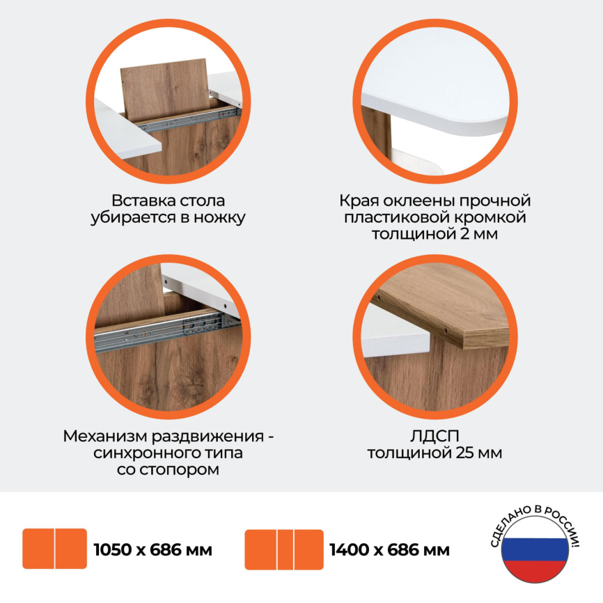 Стол обеденный Gent/Гент ЛДСП, 110-145х68,6х75,5см, дуб вотан/белый фото 14