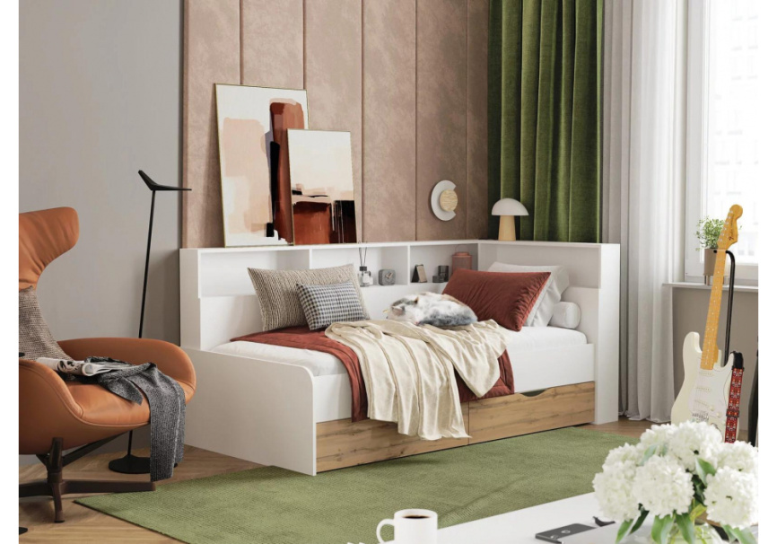 Кровать Амер 190х80 белый / дуб вотан фото 2