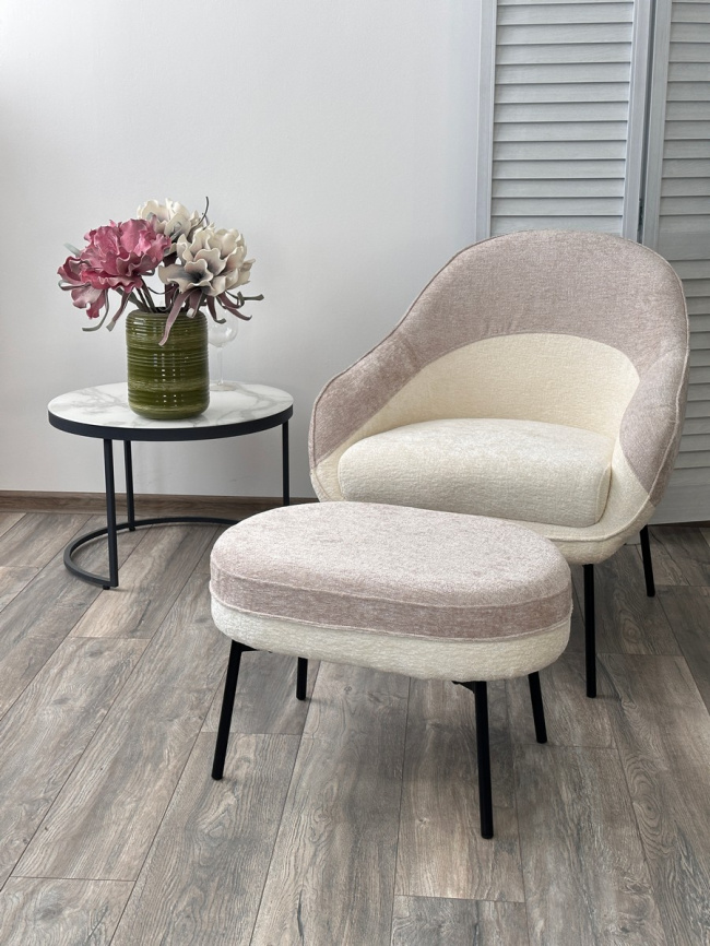 Пуф для гостиной РОРИ (RORY) цвет 3018-01 белый / 3018-10 бежевый, шенилл / черный каркас, ®DISAUR фото 3