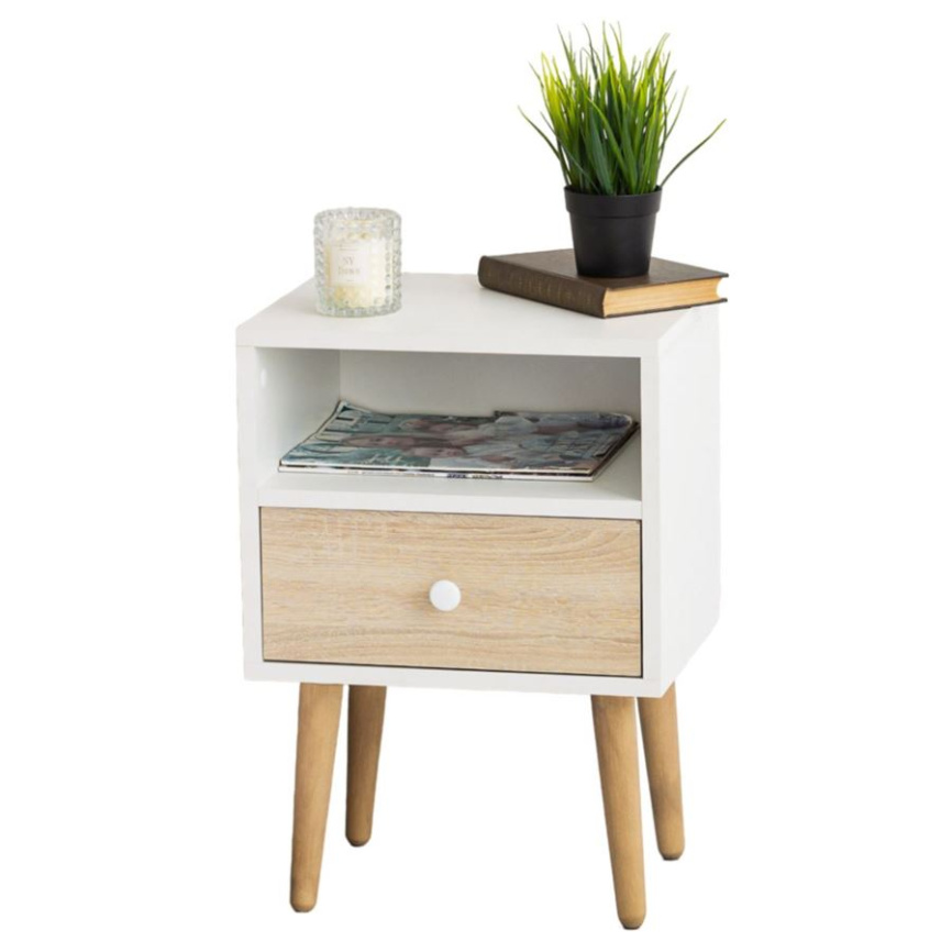 Тумба прикроватная Komo-1 (380х306х520 мм, ЛДСП Белый/Сонома 16 мм, ножки береза) фото 2